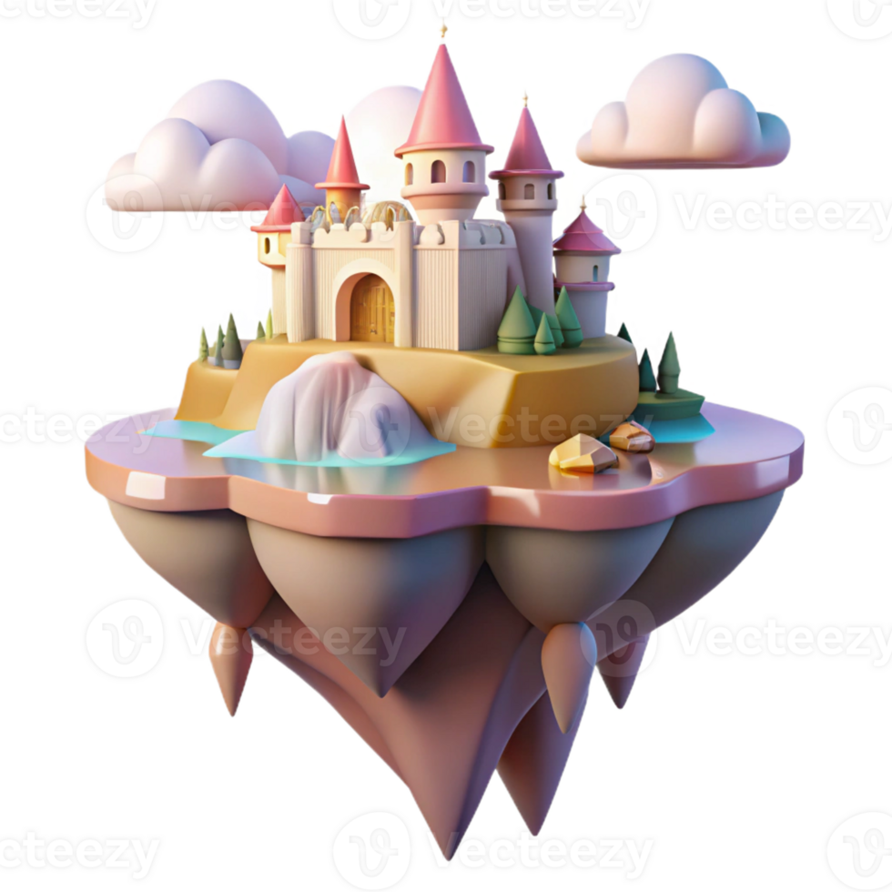 stunning contemporary A floating island with castles and waterfalls, soft pastel colors, fantasy art style, golden hour lighting, bird's-eye view premium png