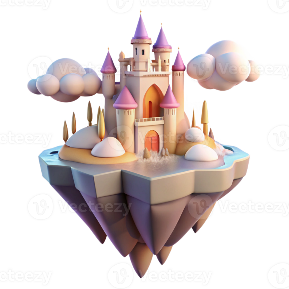 magnificent artistic A floating island with castles and waterfalls, soft pastel colors, fantasy art style, golden hour lighting, bird's-eye view 4K png