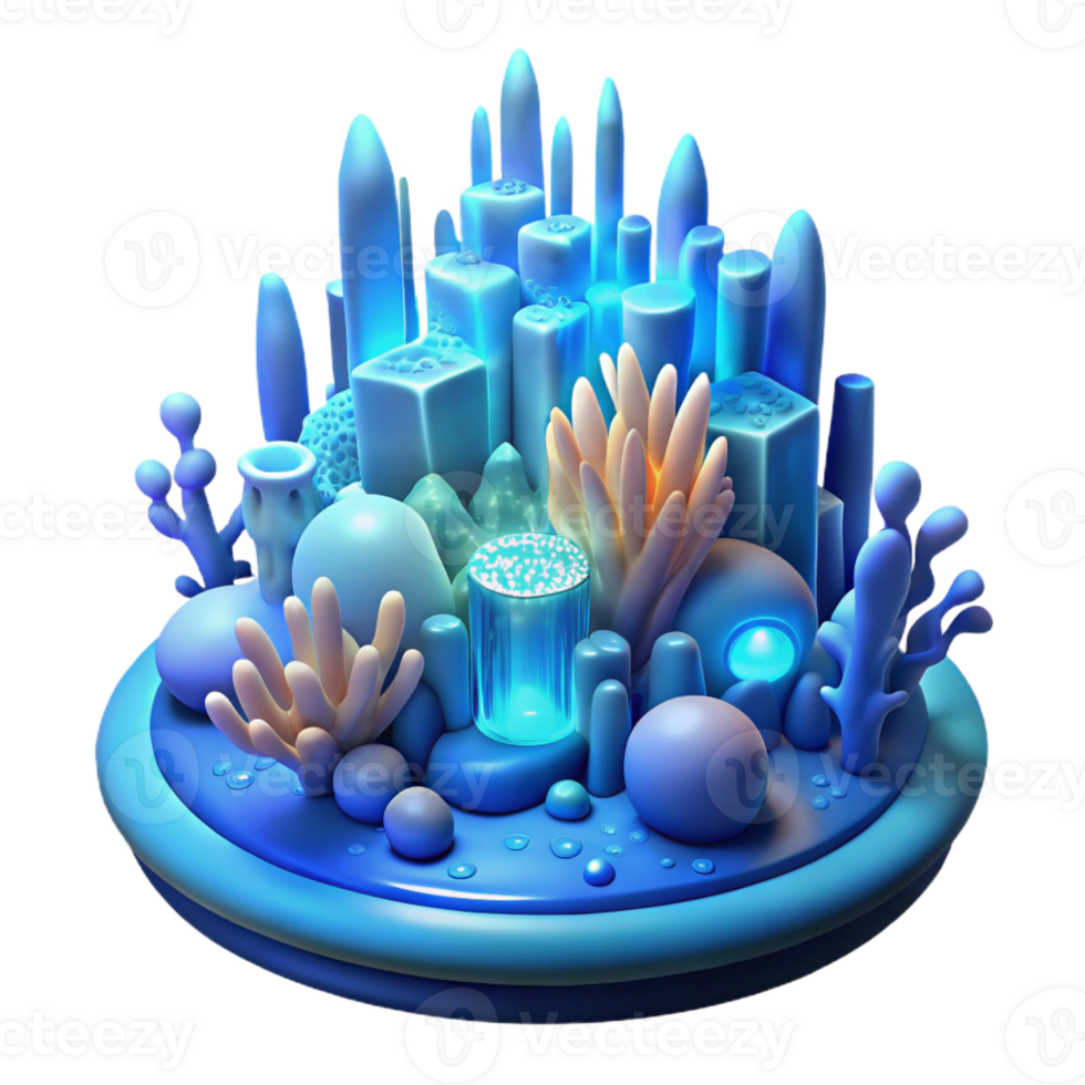 stunning creative An underwater city with bioluminescent coral structures, soft blue light, ethereal style, dreamlike atmosphere, close-up view high quality png