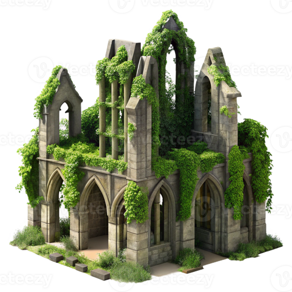 vibrant minimalist A crumbling gothic cathedral overgrown with ivy, dappled sunlight, hyperrealistic, intricate details, aerial perspective detailed png