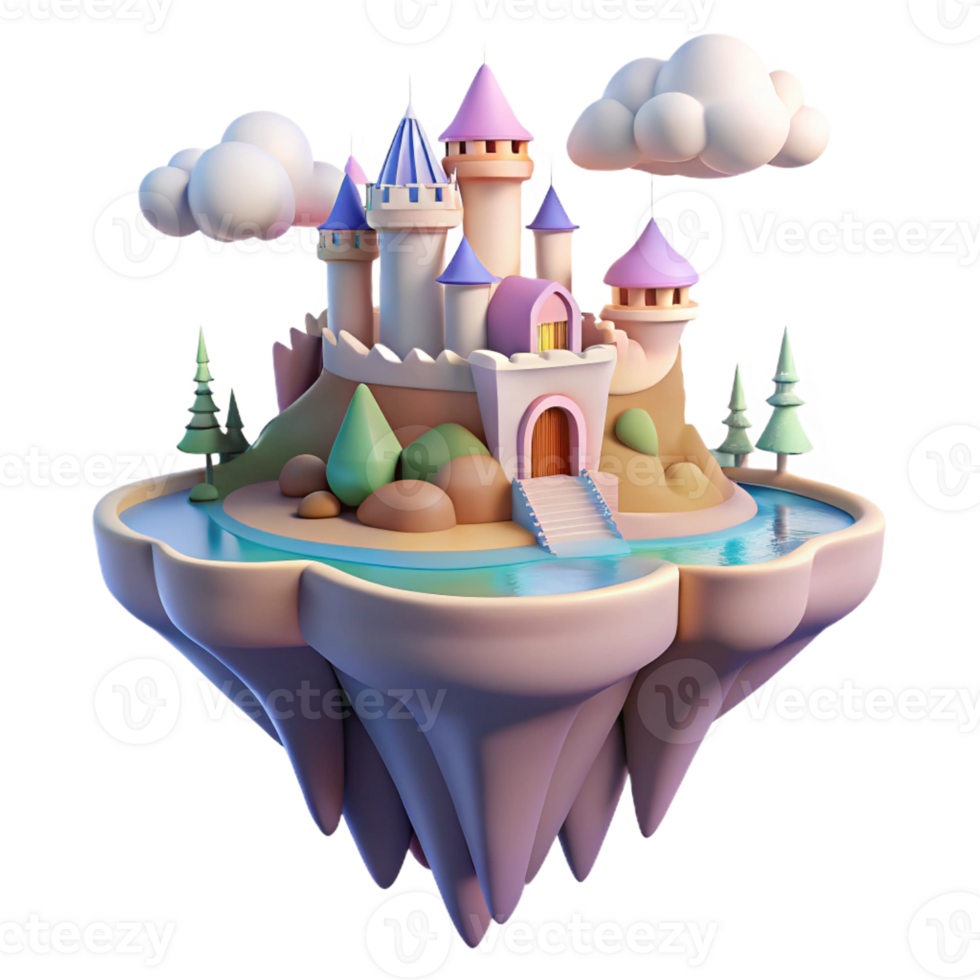 extraordinary minimalist A floating island with castles and waterfalls, soft pastel colors, fantasy art style, golden hour lighting, bird's-eye view 4K png