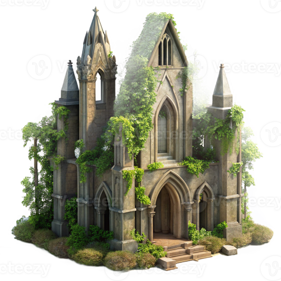 serene artistic A crumbling gothic cathedral overgrown with ivy, dappled sunlight, hyperrealistic, intricate details, aerial perspective high quality png