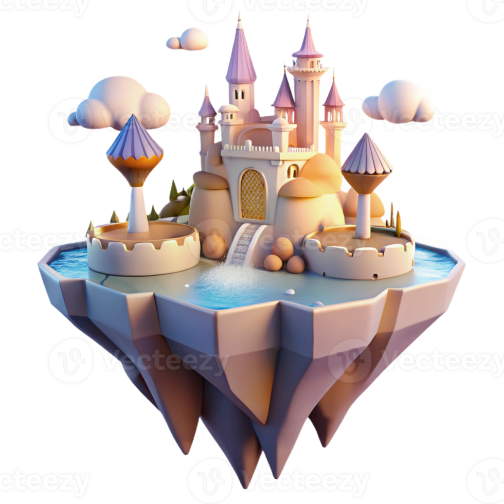 beautiful vintage A floating island with castles and waterfalls, soft pastel colors, fantasy art style, golden hour lighting, bird's-eye view high resolution png