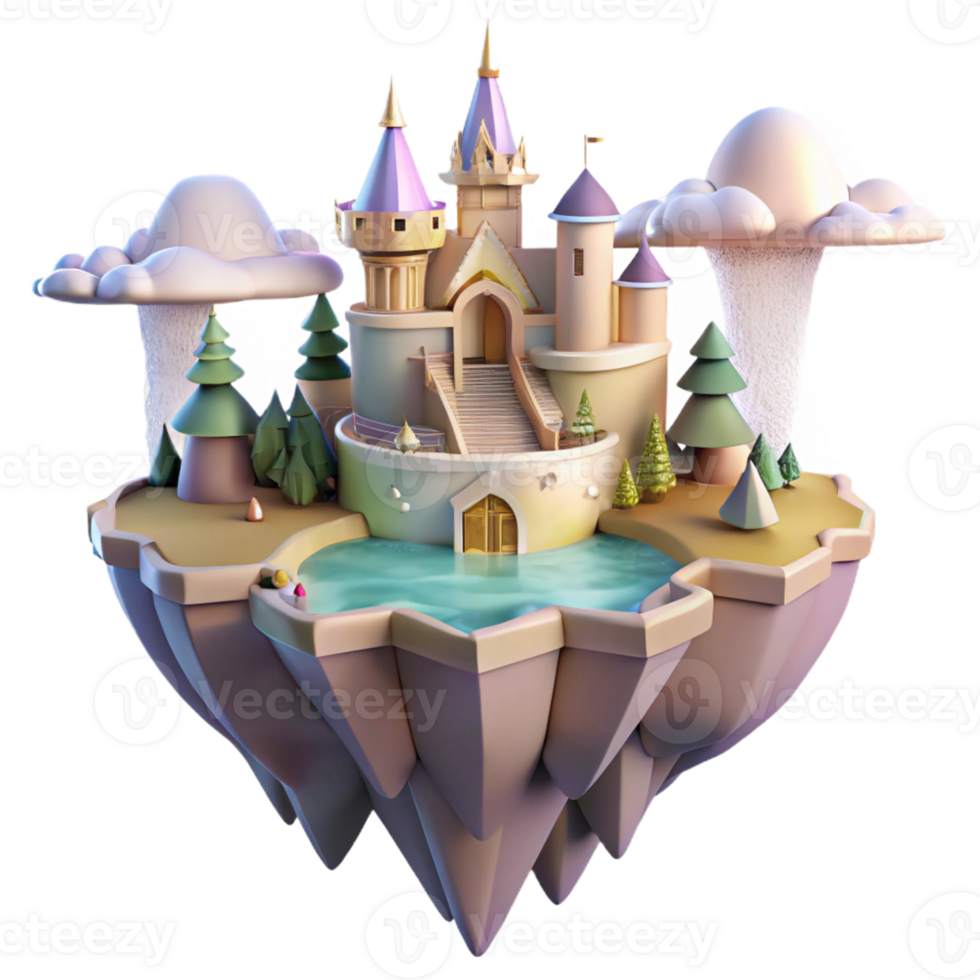 dramatic abstract A floating island with castles and waterfalls, soft pastel colors, fantasy art style, golden hour lighting, bird's-eye view detailed png
