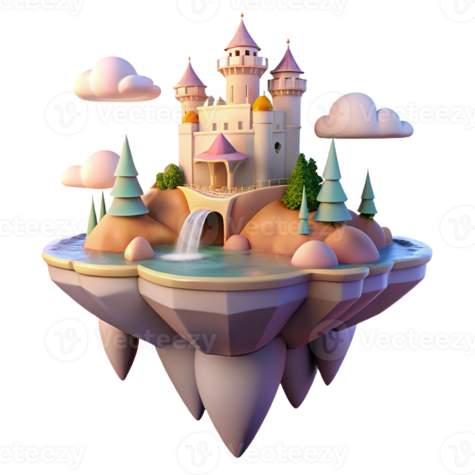 elegant artistic A floating island with castles and waterfalls, soft pastel colors, fantasy art style, golden hour lighting, bird's-eye view original png