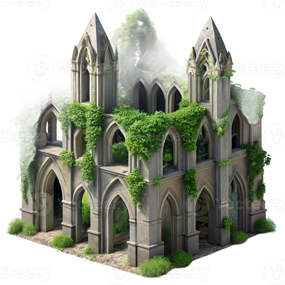 extraordinary vintage A crumbling gothic cathedral overgrown with ivy, dappled sunlight, hyperrealistic, intricate details, aerial perspective genuine png