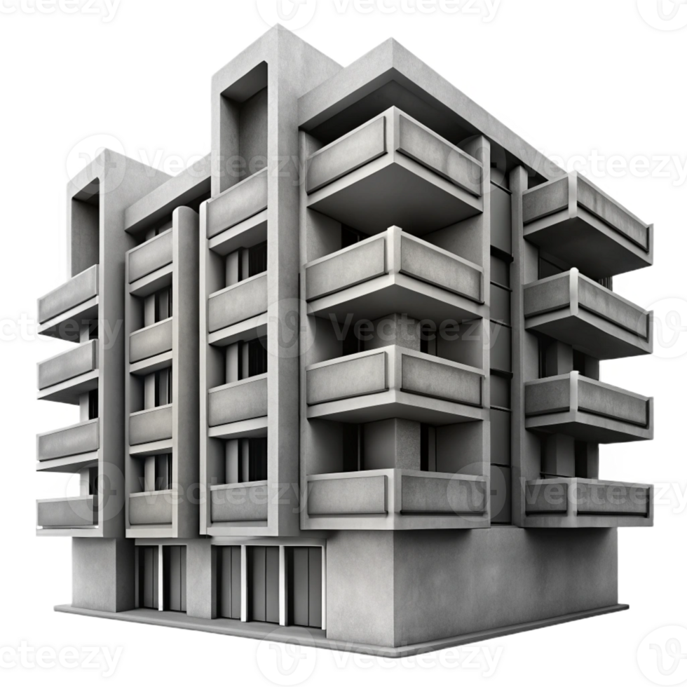 stunning rustic A Brutalist concrete apartment complex, monochrome, high contrast, dramatic lighting, close-up on the facade high quality png