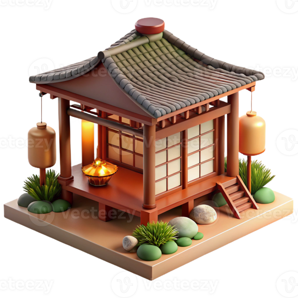 stunning abstract A Japanese tea house with a zen garden, warm natural light, serene atmosphere, traditional Japanese art style, eye-level view premium png