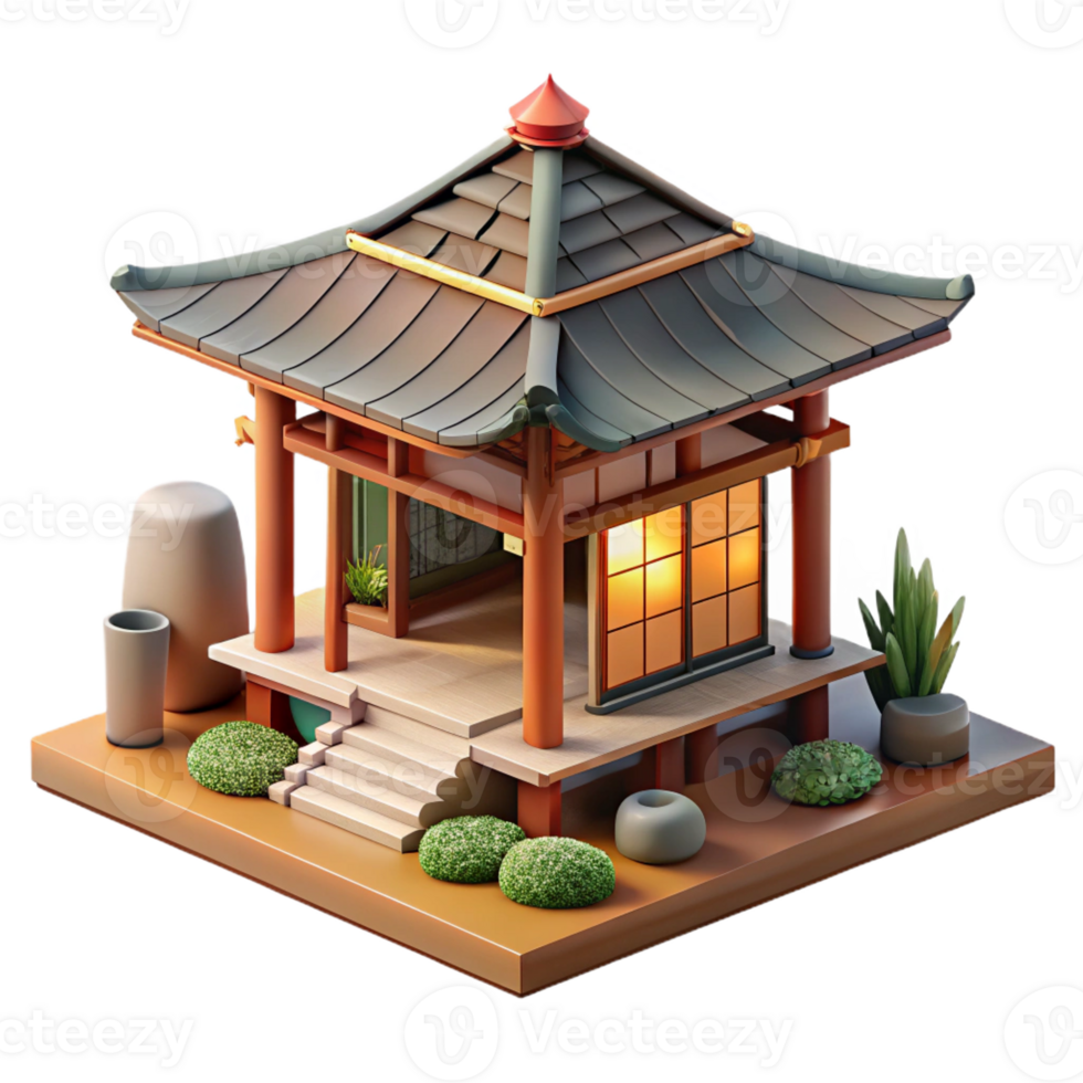 extraordinary creative A Japanese tea house with a zen garden, warm natural light, serene atmosphere, traditional Japanese art style, eye-level view high quality png