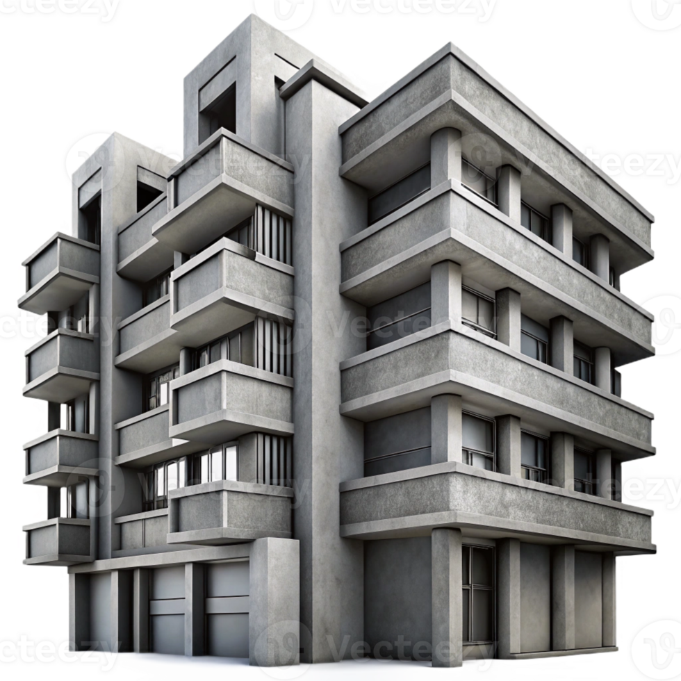 serene modern A Brutalist concrete apartment complex, monochrome, high contrast, dramatic lighting, close-up on the facade high quality png