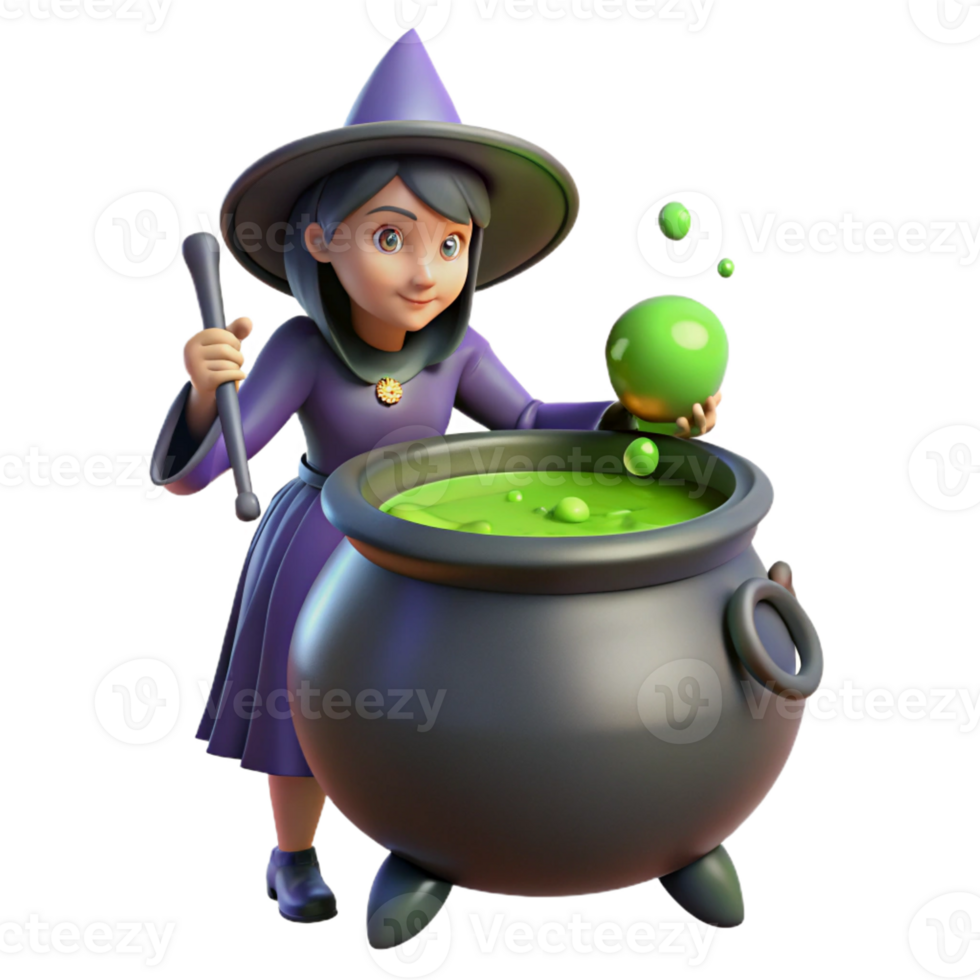 serene classic A powerful witch brewing a potion, bubbling cauldron, eerie lighting, fantasy art style high resolution png