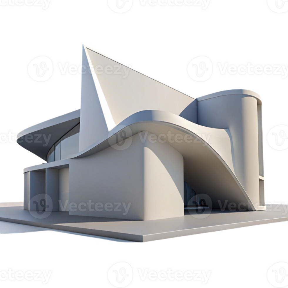 dramatic rustic A modern art museum with sharp angles and curved walls, white and grey concrete, minimalist style, soft natural light genuine png