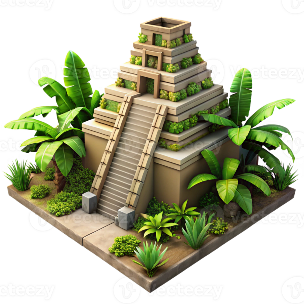 magnificent rustic An ancient Mayan temple overgrown with jungle vegetation, dappled sunlight, realistic style, aerial perspective detailed png