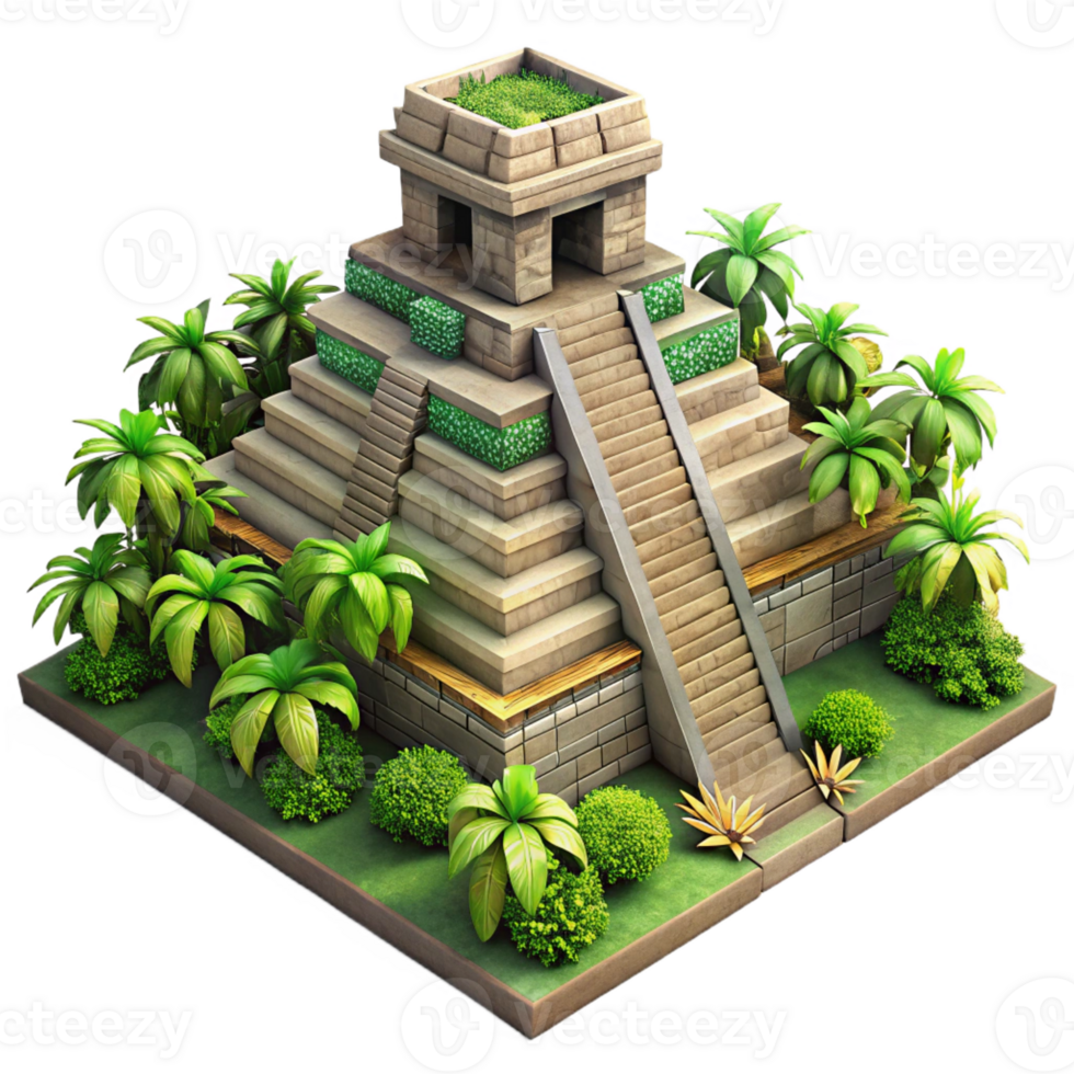 magnificent classic An ancient Mayan temple overgrown with jungle vegetation, dappled sunlight, realistic style, aerial perspective 4K png