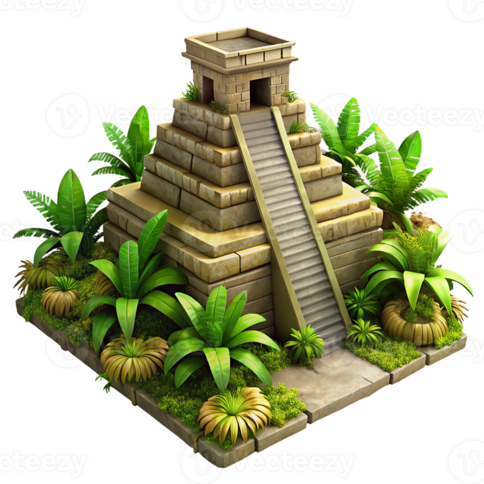 vibrant traditional An ancient Mayan temple overgrown with jungle vegetation, dappled sunlight, realistic style, aerial perspective high resolution png