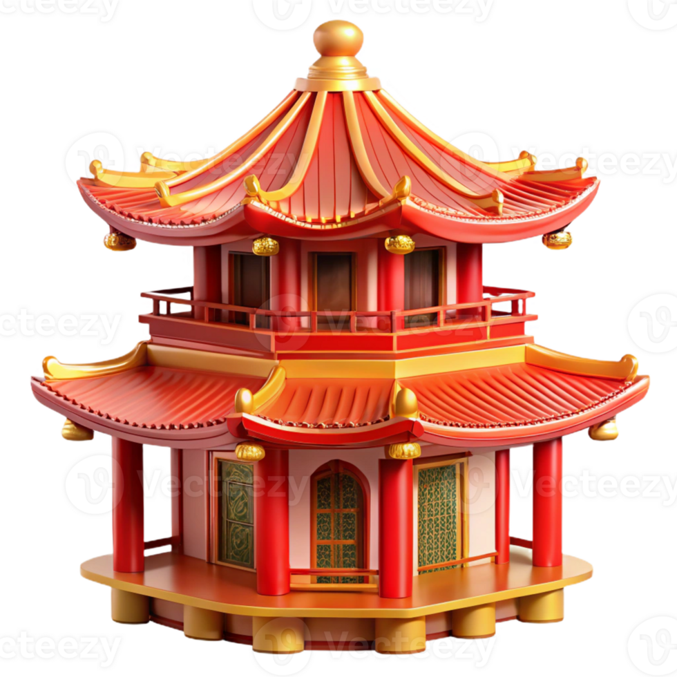 beautiful vintage A traditional Chinese pagoda with red and gold details, vibrant colors, ornate style, bright sunlight high resolution png