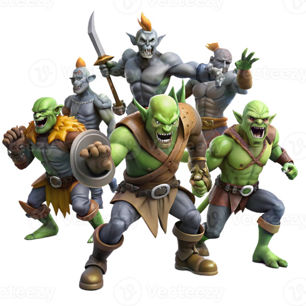elegant traditional A group of orcs battling human soldiers, dynamic poses, dramatic lighting, dark fantasy style detailed png