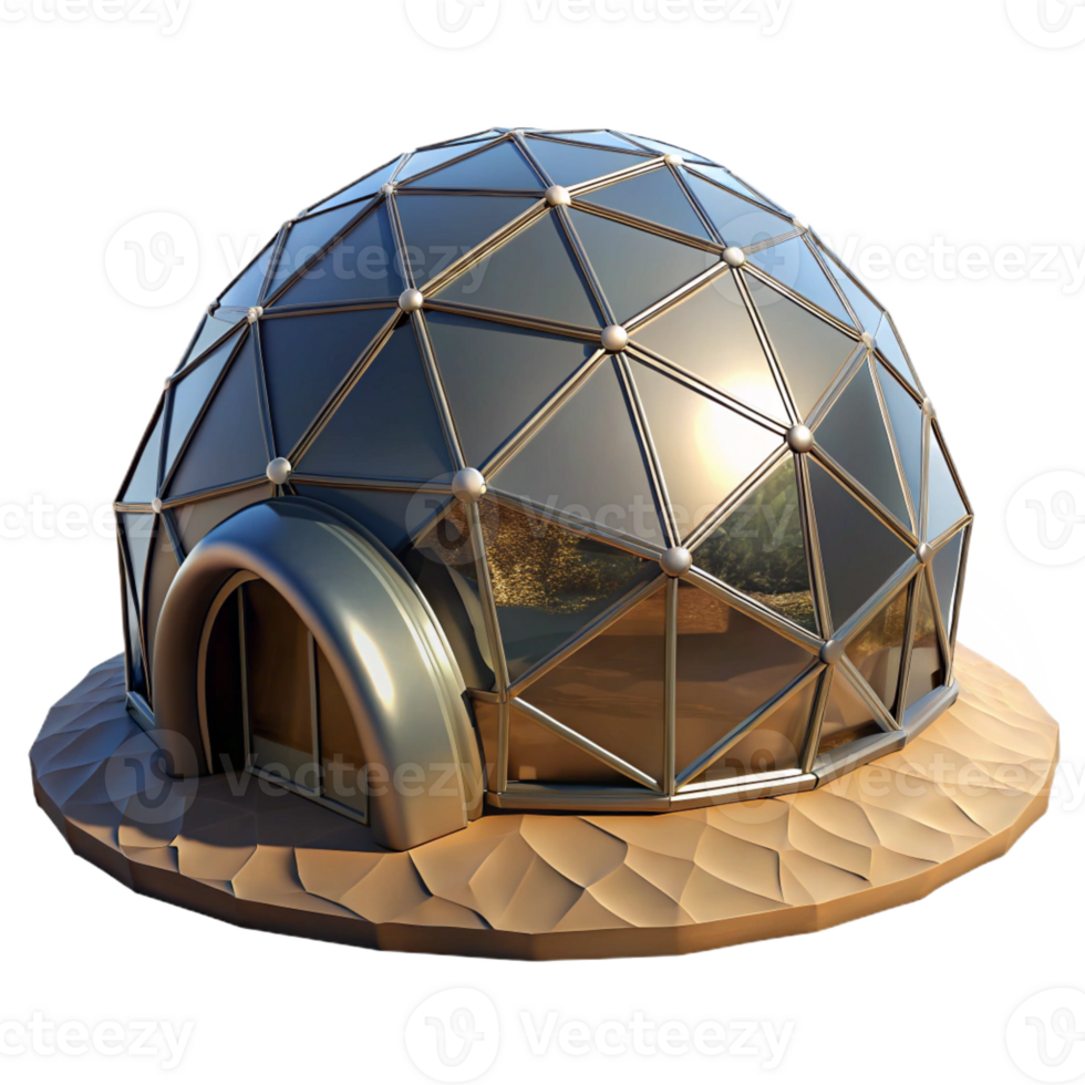 stunning modern A geodesic dome house in a desert landscape, reflective surfaces, harsh sunlight, futuristic style, wide angle lens detailed png