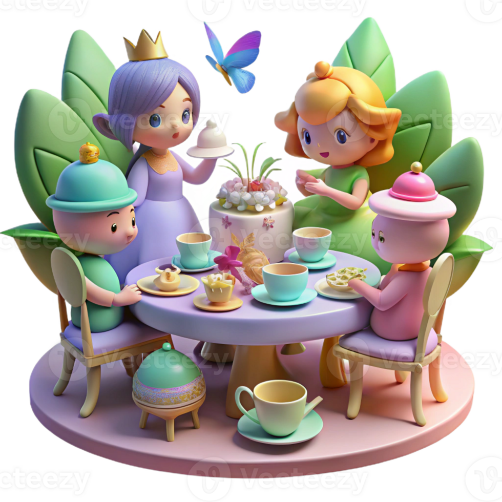 elegant contemporary A whimsical, tea party with fairies and talking animals, vibrant colors, soft lighting, fairytale illustration style genuine png