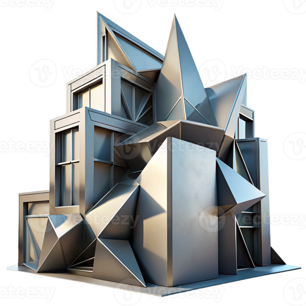 dramatic vintage A decontructivist building with fragmented shapes and sharp angles, metallic surfaces, harsh lighting, abstract style high quality png