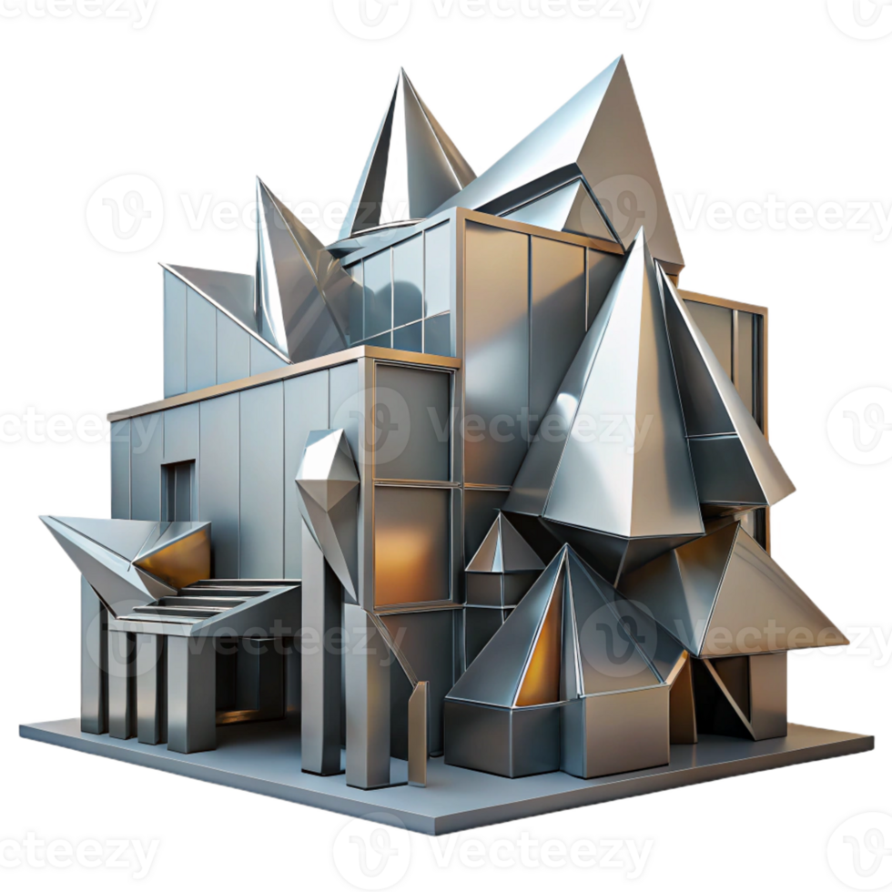 elegant artistic A decontructivist building with fragmented shapes and sharp angles, metallic surfaces, harsh lighting, abstract style 4K png