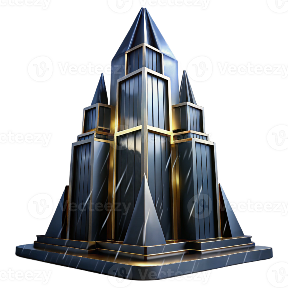 vibrant contemporary Art Deco skyscraper, chrome and black glass, sharp angles, volumetric lighting, rainy night original png