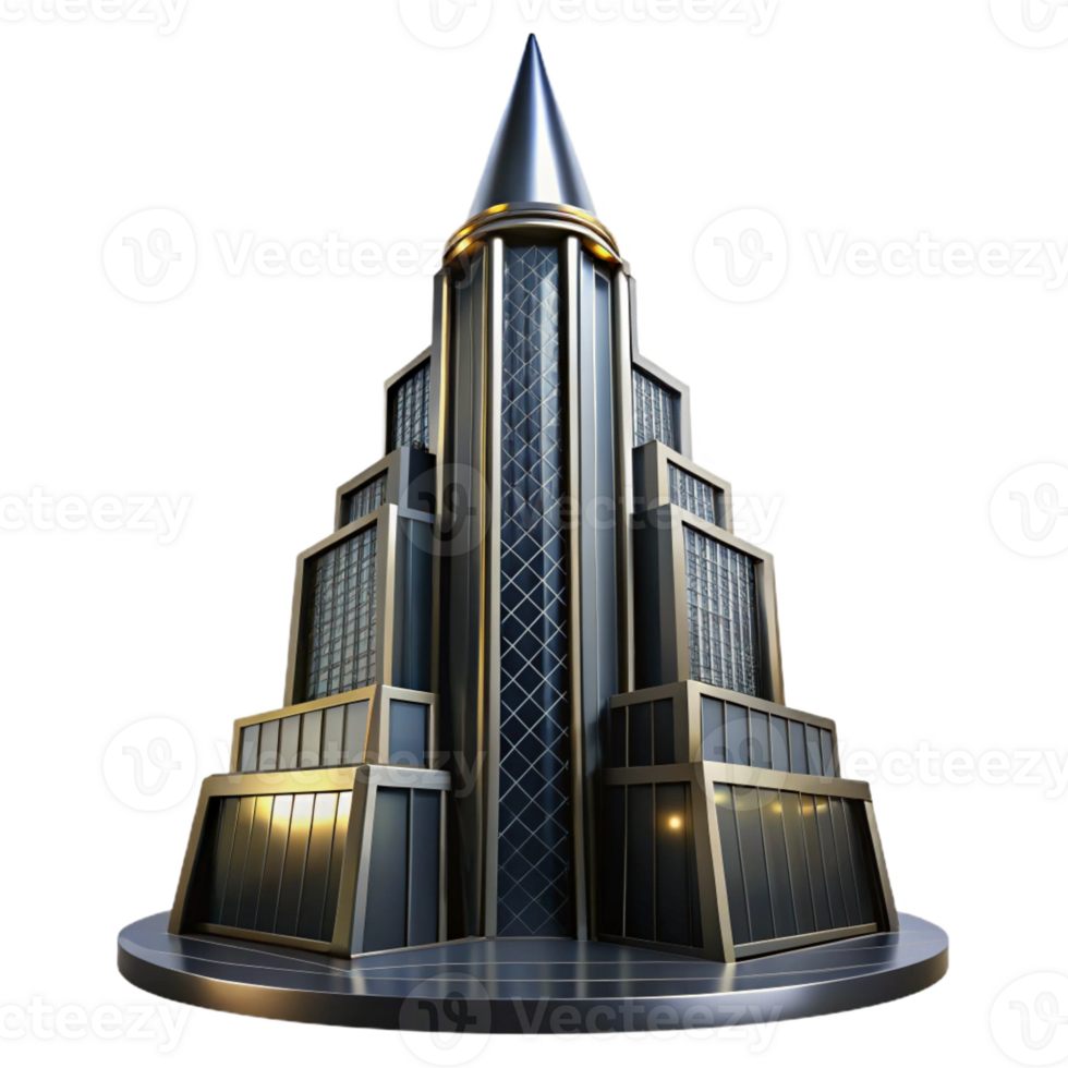 magnificent rustic Art Deco skyscraper, chrome and black glass, sharp angles, volumetric lighting, rainy night high resolution png