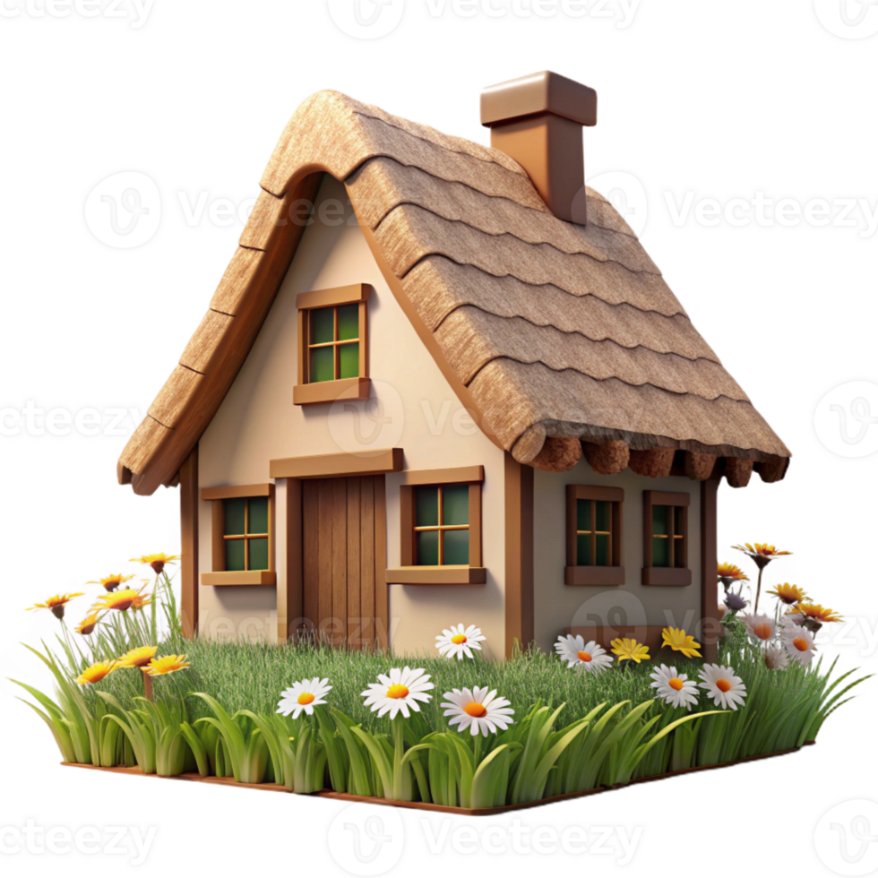 impressive creative A traditional thatched roof cottage in a field of wildflowers, warm sunlight, idyllic atmosphere, rustic style, eye-level view detailed png
