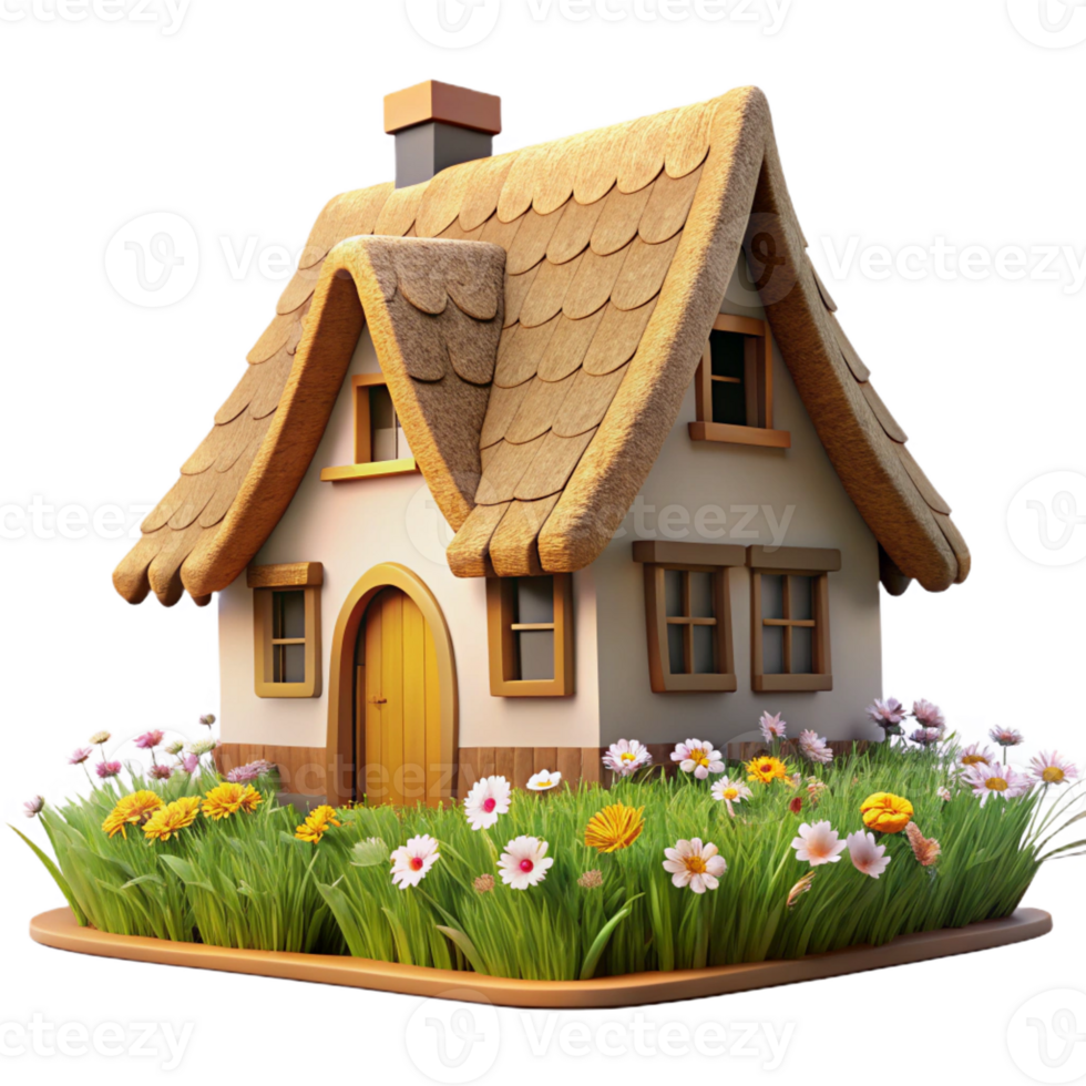 extraordinary minimalist A traditional thatched roof cottage in a field of wildflowers, warm sunlight, idyllic atmosphere, rustic style, eye-level view genuine png