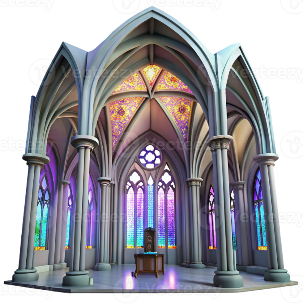 elegant classic Gothic cathedral interior, stained glass windows casting colorful light, intricate stone carvings, high vaulted ceiling, ethereal atmosphere premium png
