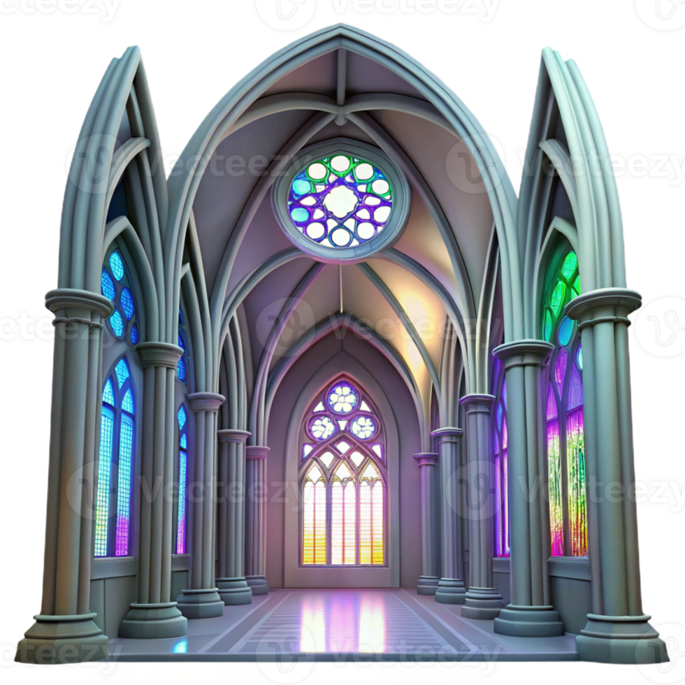 dramatic creative Gothic cathedral interior, stained glass windows casting colorful light, intricate stone carvings, high vaulted ceiling, ethereal atmosphere genuine png