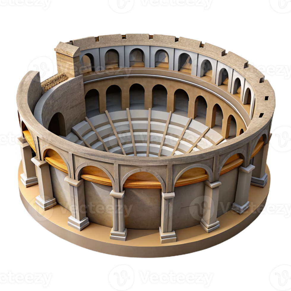 extraordinary creative A Roman amphitheater, weathered stone, dramatic lighting, historical accuracy, aerial perspective authentic png