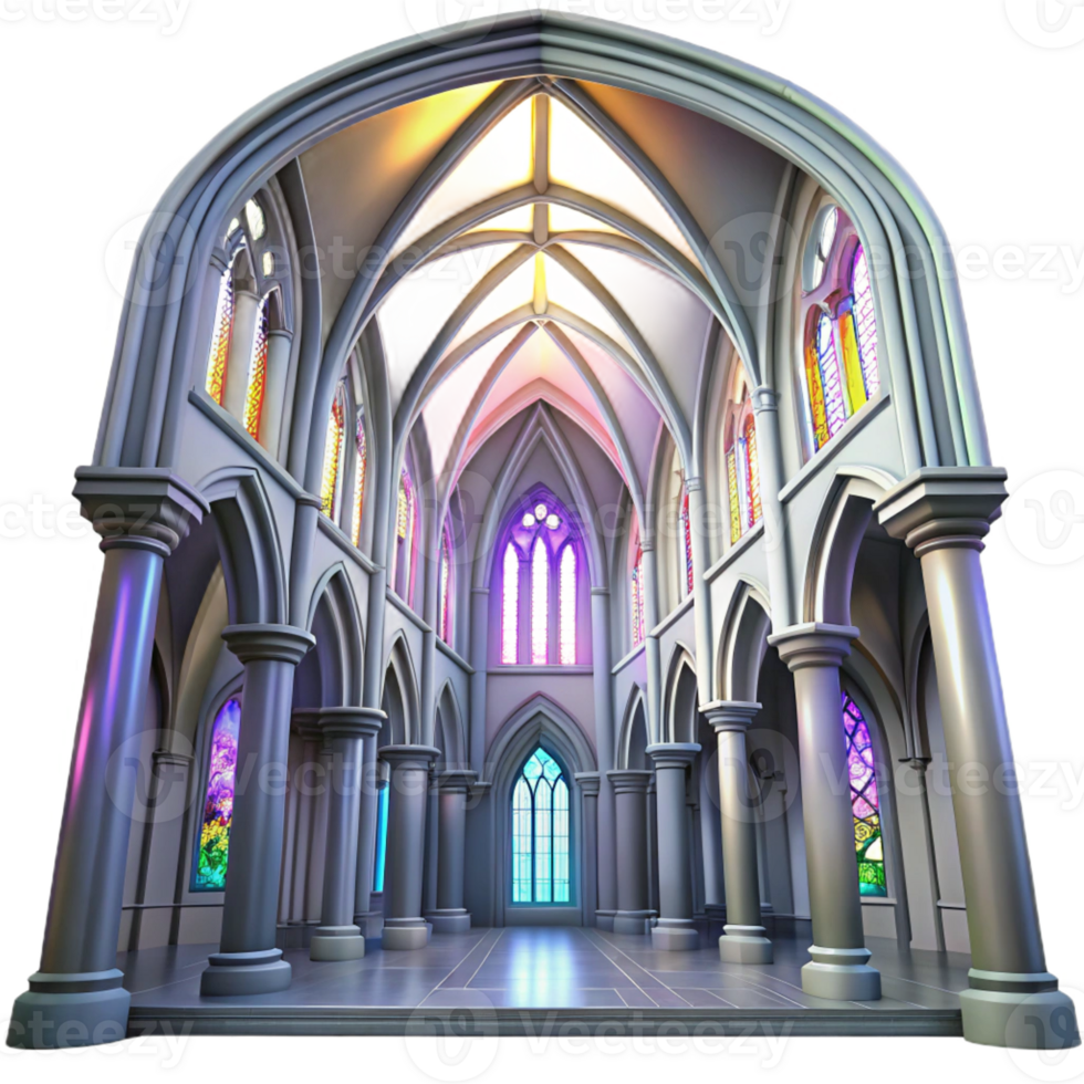 magnificent traditional Gothic cathedral interior, stained glass windows casting colorful light, intricate stone carvings, high vaulted ceiling, ethereal atmosphere exclusive png