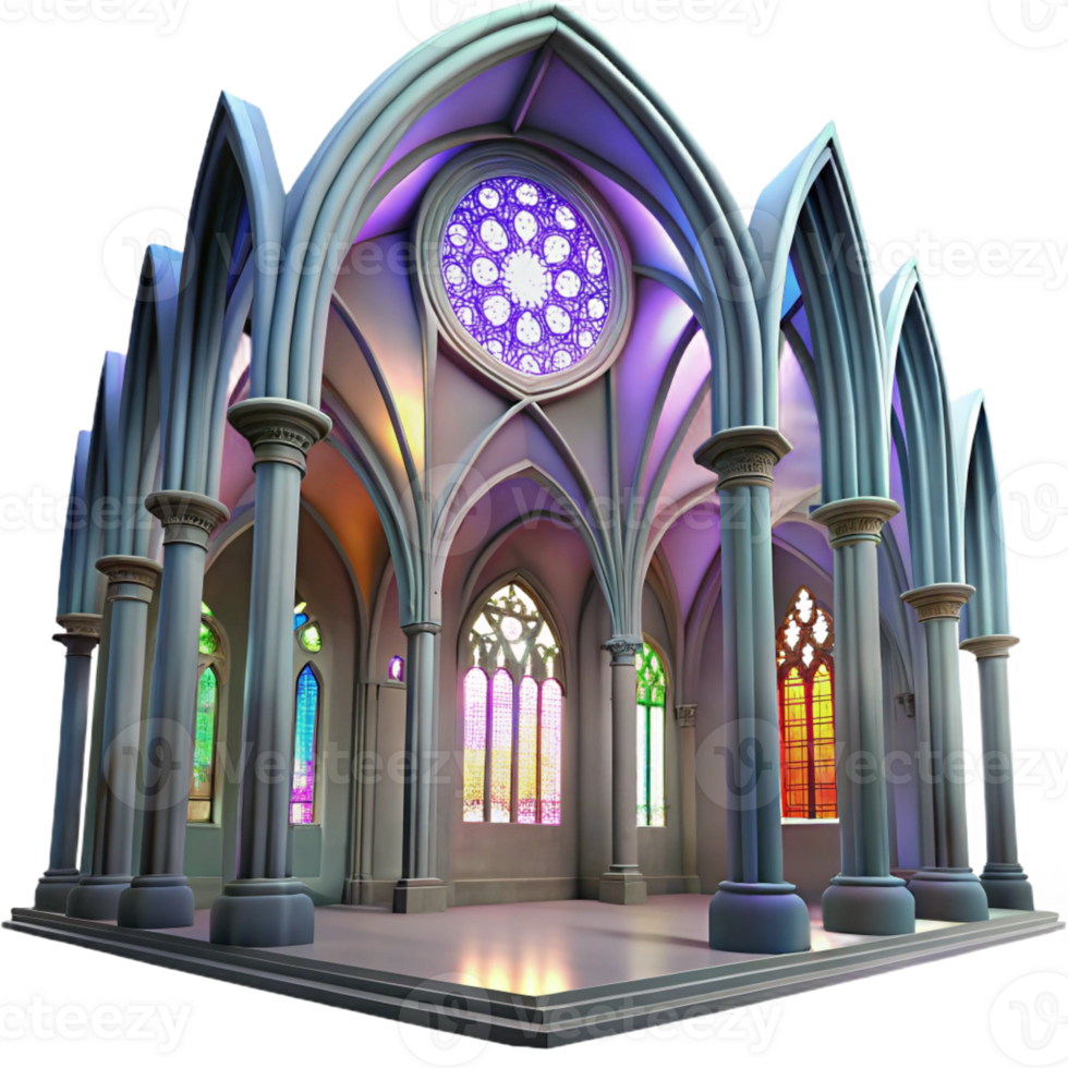 beautiful vintage Gothic cathedral interior, stained glass windows casting colorful light, intricate stone carvings, high vaulted ceiling, ethereal atmosphere professional png