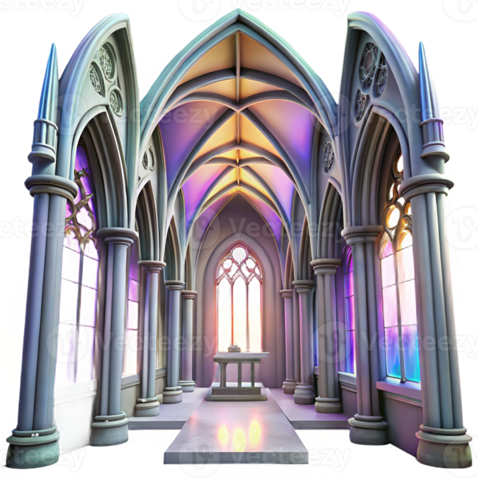 serene traditional Gothic cathedral interior, stained glass windows casting colorful light, intricate stone carvings, high vaulted ceiling, ethereal atmosphere original png