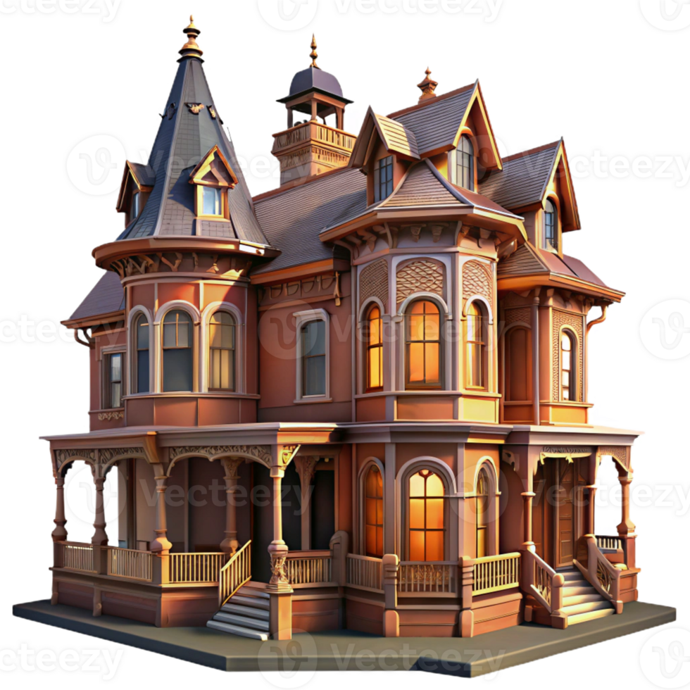 wonderful minimalist Victorian era mansion, elaborate wrought iron balconies, warm interior lighting, detailed brickwork, romantic atmosphere 4K png