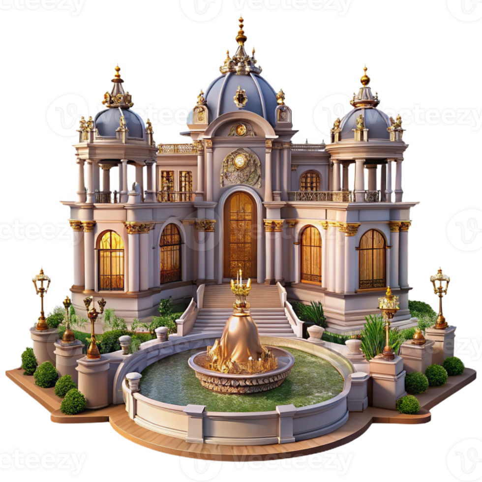 serene modern A Baroque palace with ornate gardens and fountains, golden hour lighting, opulent style, wide angle lens high quality png