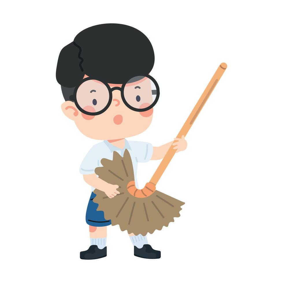 funny boy pretending to play guitar with a broom vector