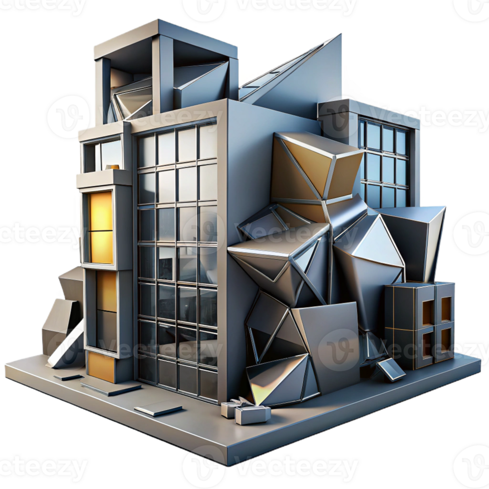stunning creative Deconstructivist office building, fragmented forms, metallic surfaces, dynamic composition, dramatic lighting detailed png