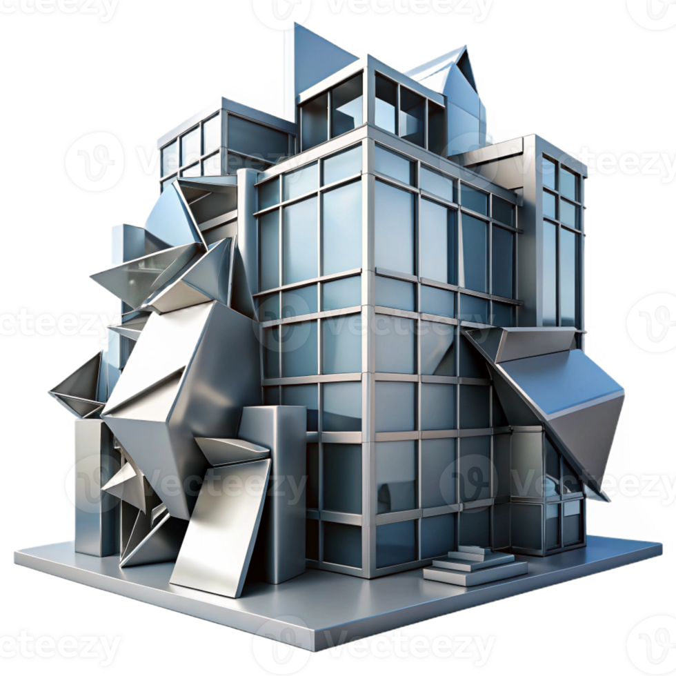 impressive creative Deconstructivist office building, fragmented forms, metallic surfaces, dynamic composition, dramatic lighting high quality png