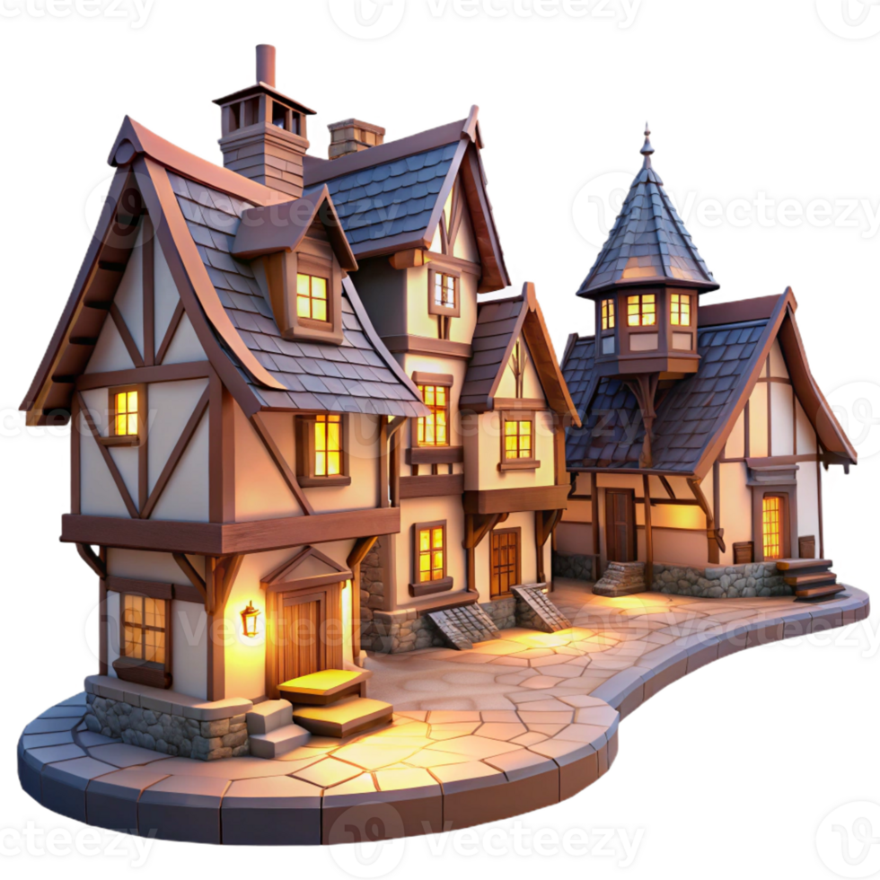 dramatic artistic A medieval village with half-timbered houses, cobblestone streets, warm lighting, quaint atmosphere detailed png