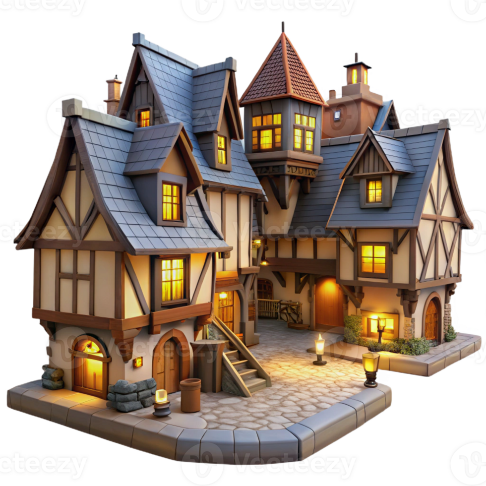 dramatic traditional A medieval village with half-timbered houses, cobblestone streets, warm lighting, quaint atmosphere 4K png