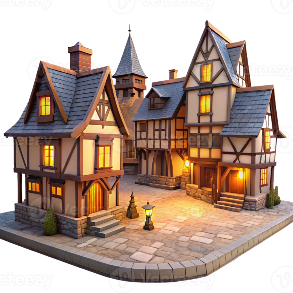 impressive abstract A medieval village with half-timbered houses, cobblestone streets, warm lighting, quaint atmosphere 4K png