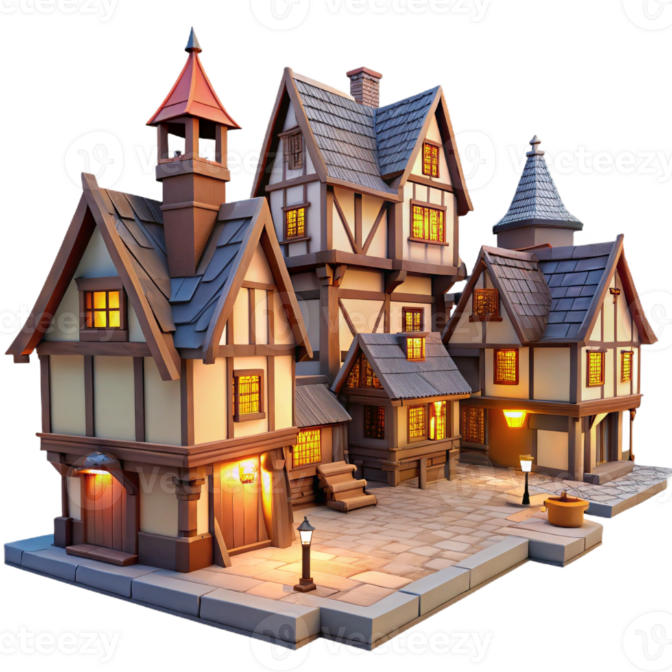 vibrant contemporary A medieval village with half-timbered houses, cobblestone streets, warm lighting, quaint atmosphere high quality png