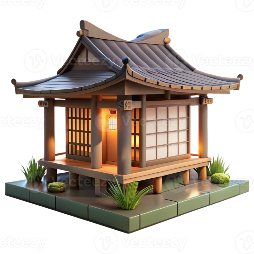 elegant classic Japanese tea house, traditional architecture, wooden beams, tatami mats, serene garden view, soft lighting premium png