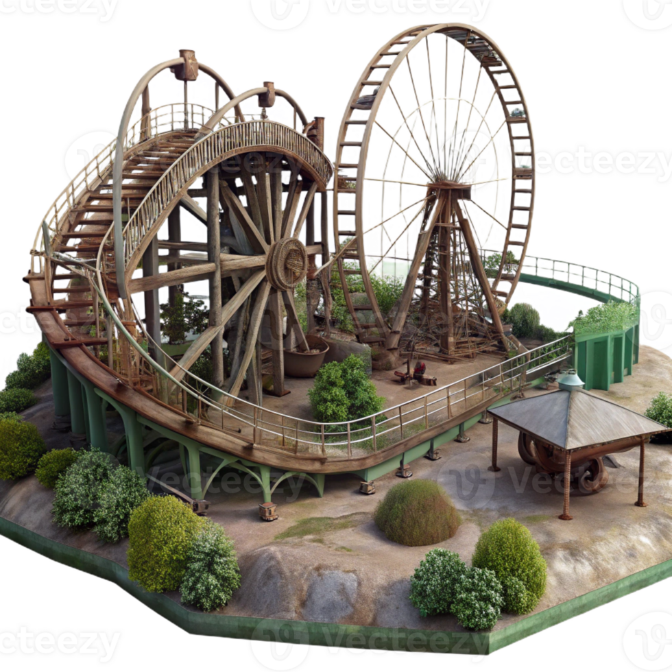 extraordinary rustic An abandoned amusement park with overgrown roller coasters and Ferris wheels, eerie atmosphere, faded colors, overcast lighting genuine png