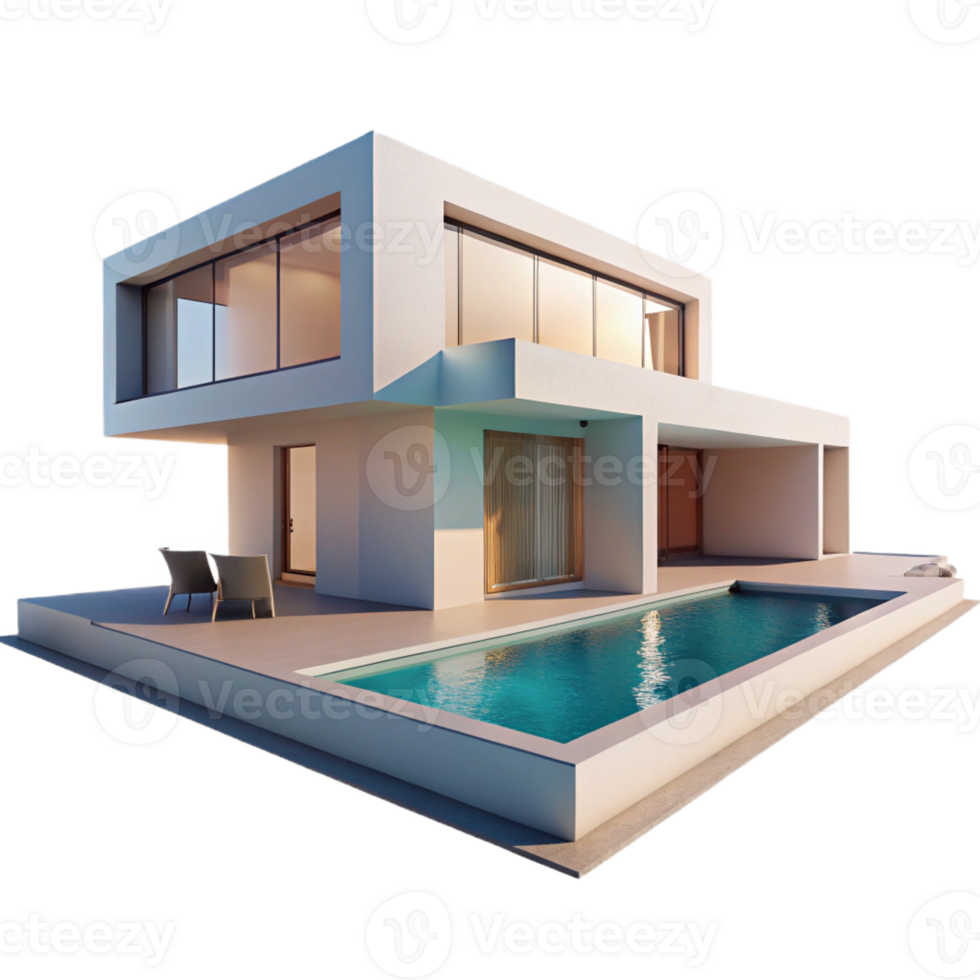 stunning traditional Modernist villa, clean lines, white concrete, swimming pool reflecting the sky, minimalist aesthetic high quality png