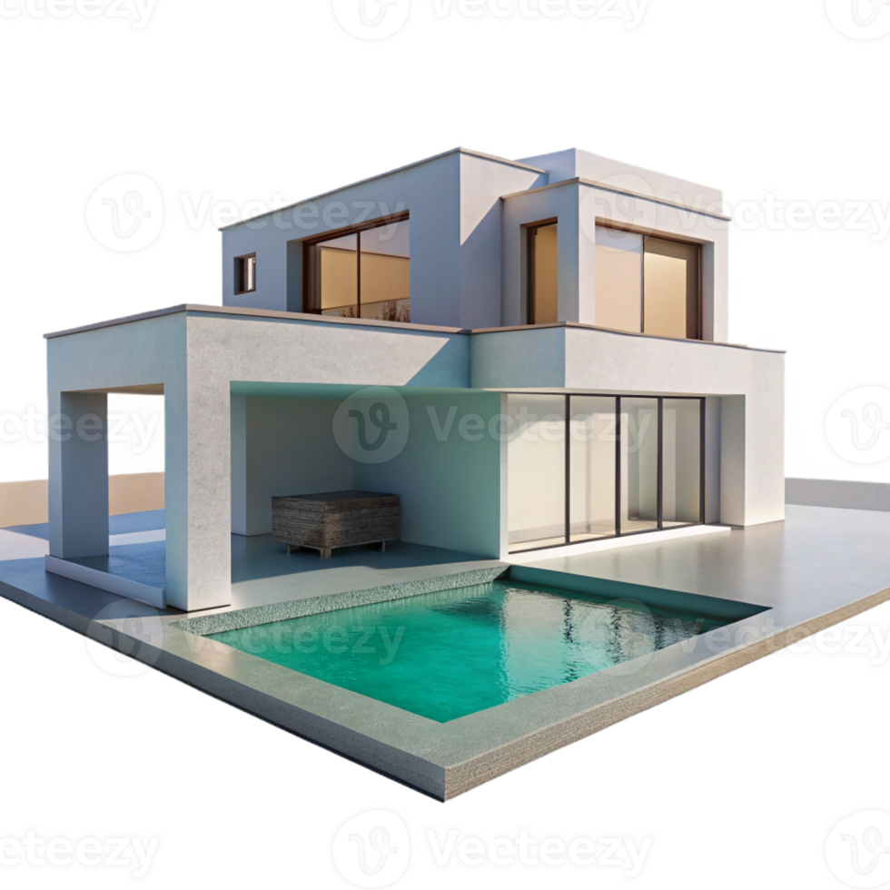vibrant traditional Modernist villa, clean lines, white concrete, swimming pool reflecting the sky, minimalist aesthetic 4K png