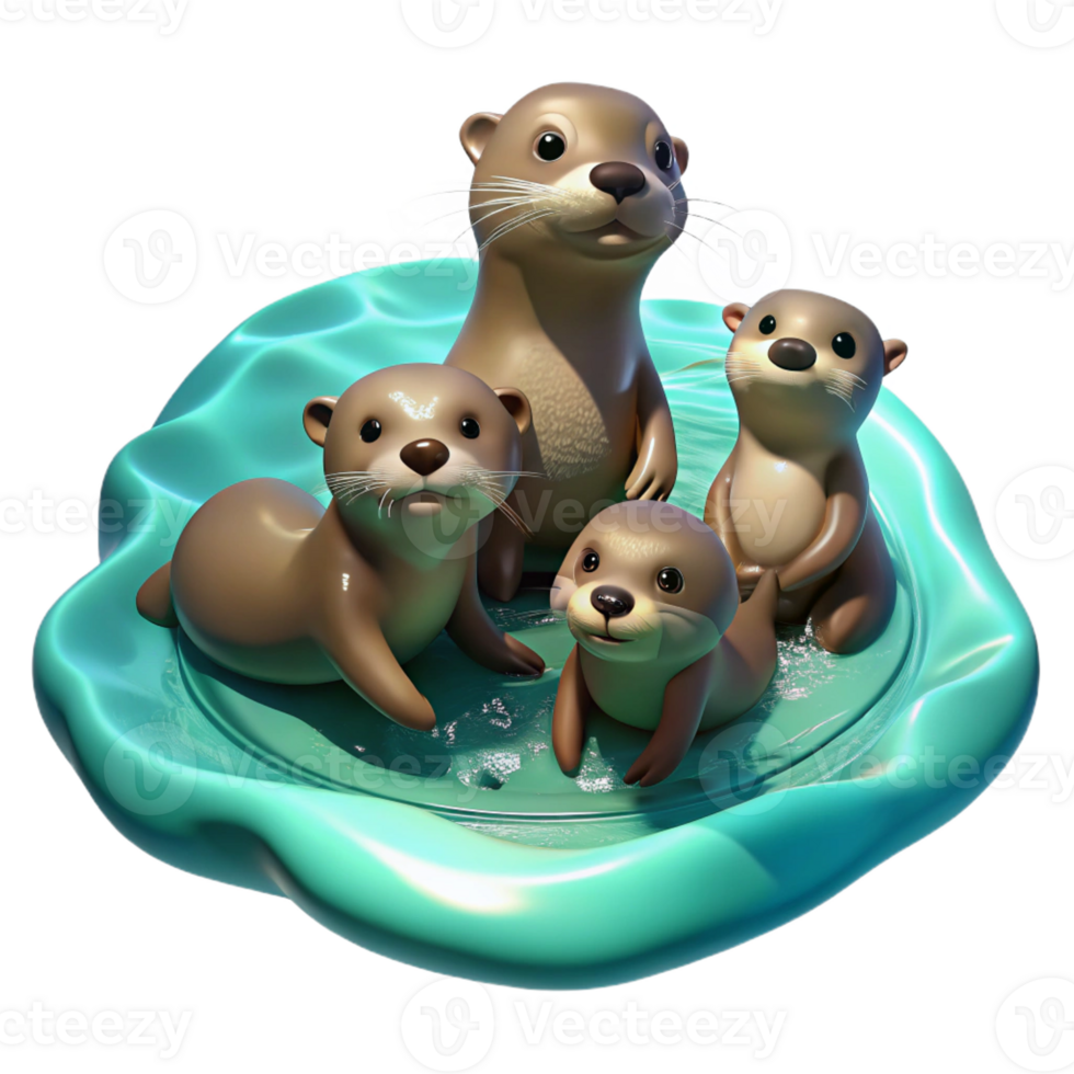 dramatic modern A playful family of otters frolicking in crystal-clear turquoise water, sunbeams dappling the surface, digital art style genuine png