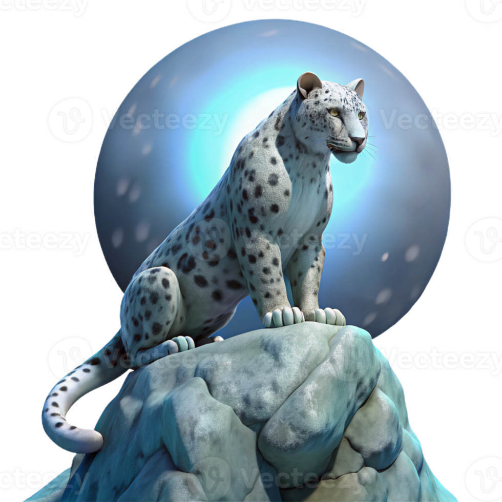 impressive modern A majestic snow leopard perched on a jagged, icy cliff, illuminated by the soft glow of a full moon, rendered in a hyperrealistic style 4K png